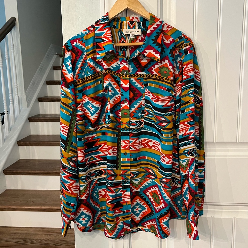Jones New York Women’s 3X Button Down Shirt Multicolor Aztec Print Plus Size